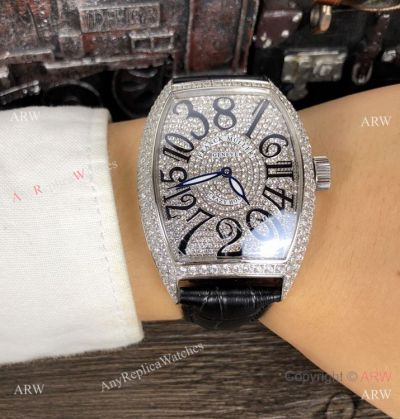 Copy Franck Muller Geneve “Crazy Hour” Silver Iced Out Diamonds Watch